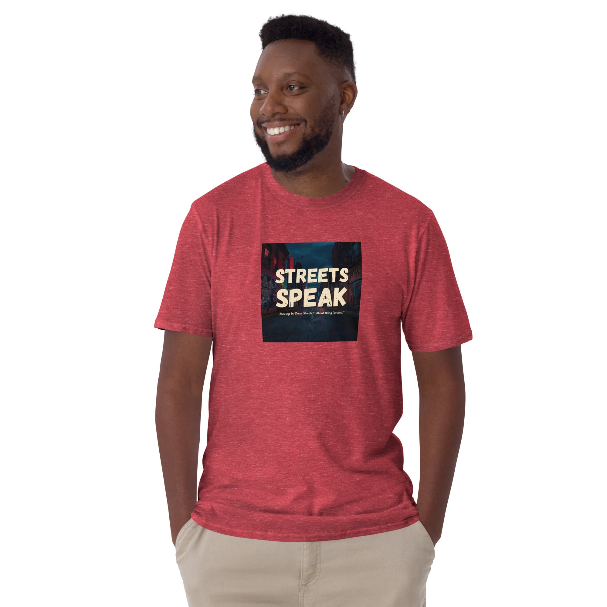 Heather red unisex short-sleeve T-shirt with “STREETS SPEAK” front graphic