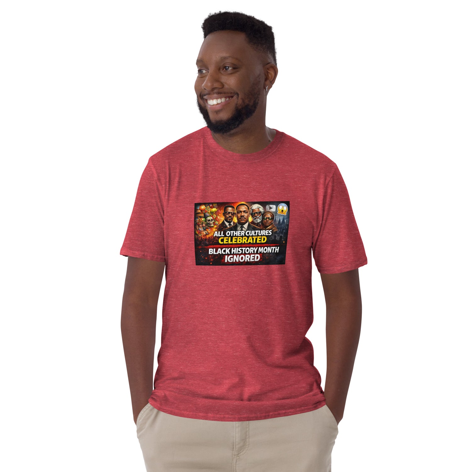 Unisex short-sleeve T-shirt in heather red, front graphic print