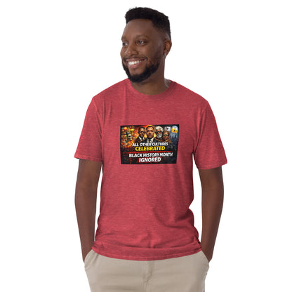 Unisex short-sleeve T-shirt in heather red, front graphic print