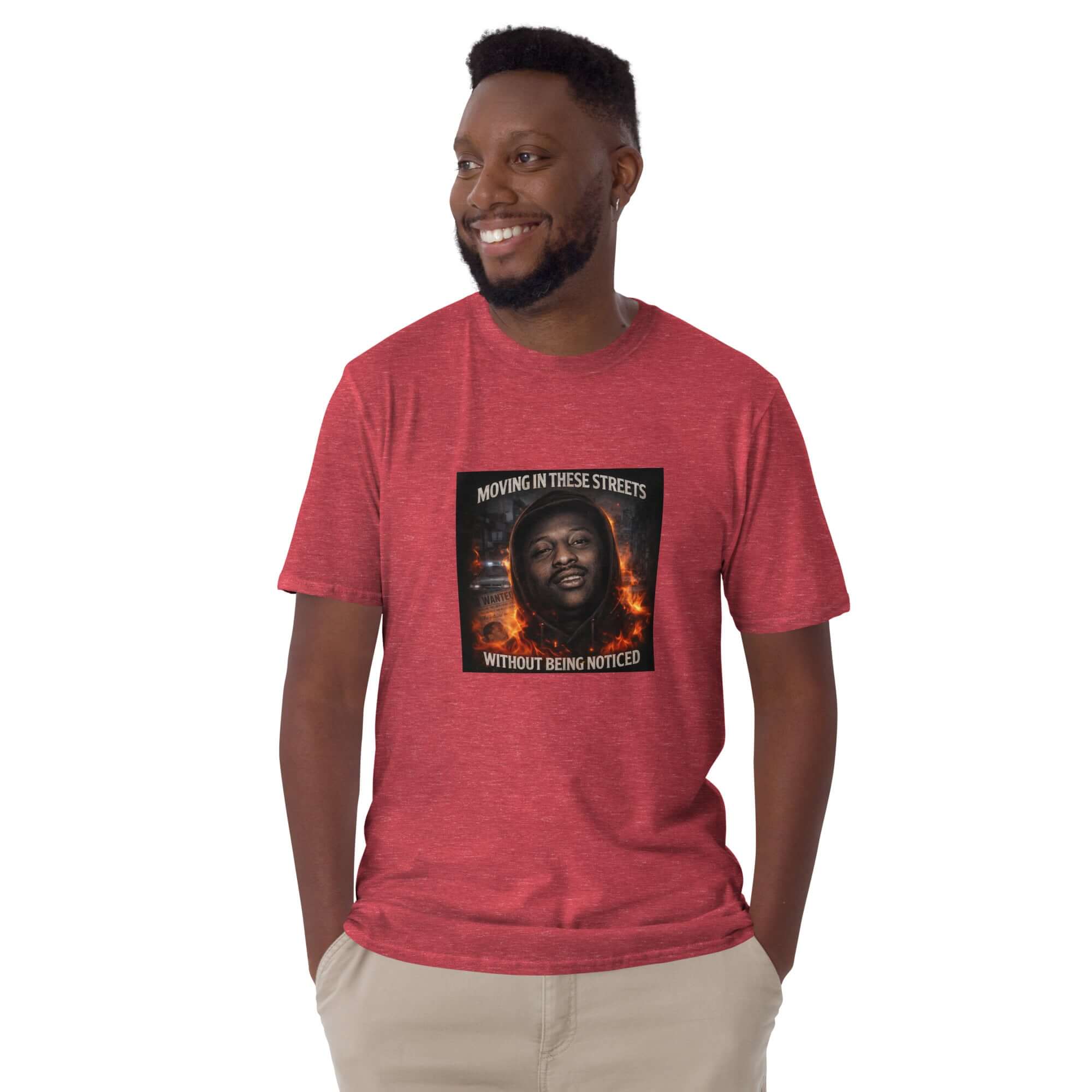 Heather red unisex T-shirt with front graphic print and crew neck