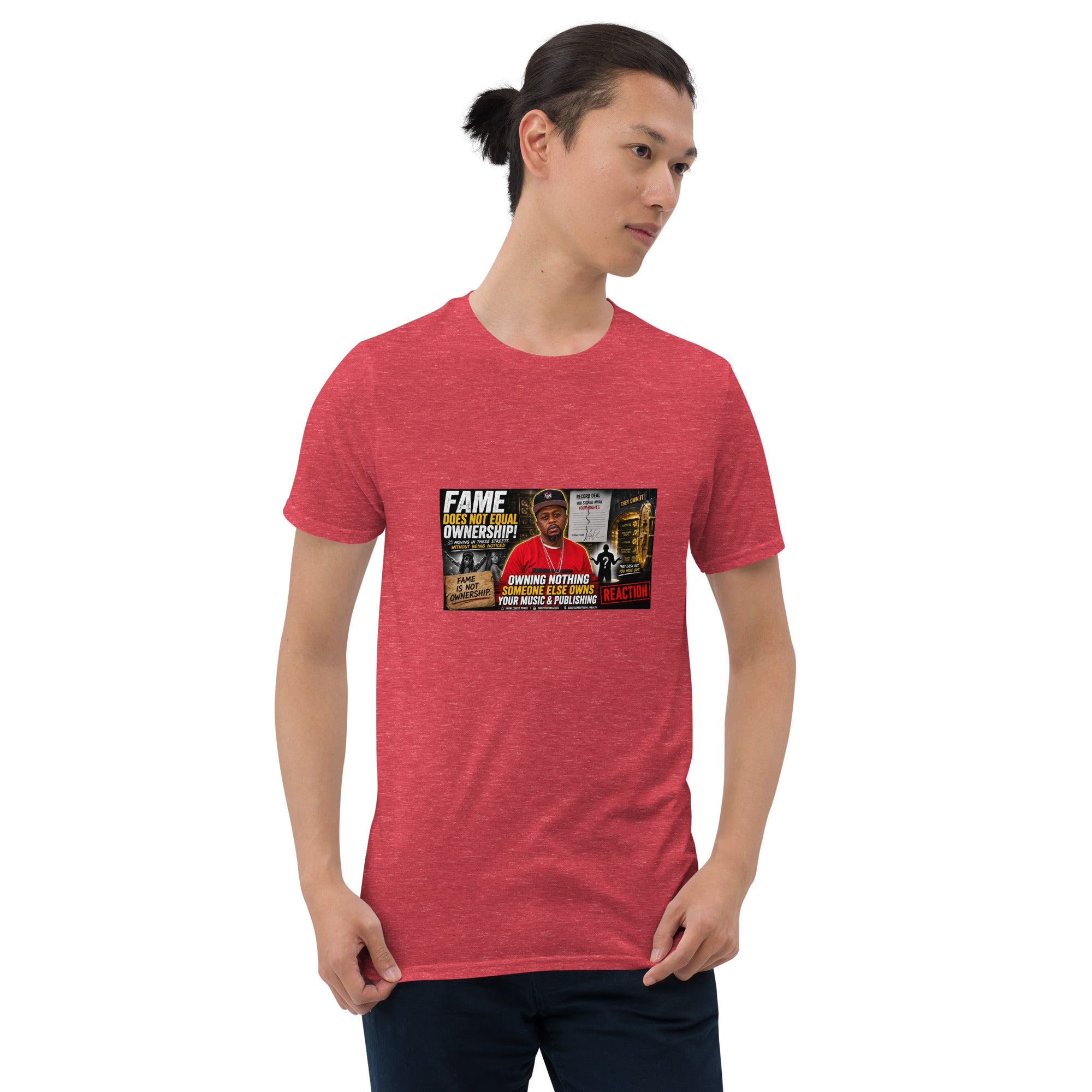 Unisex short-sleeve T-shirt, heather red with photo graphic on the chest