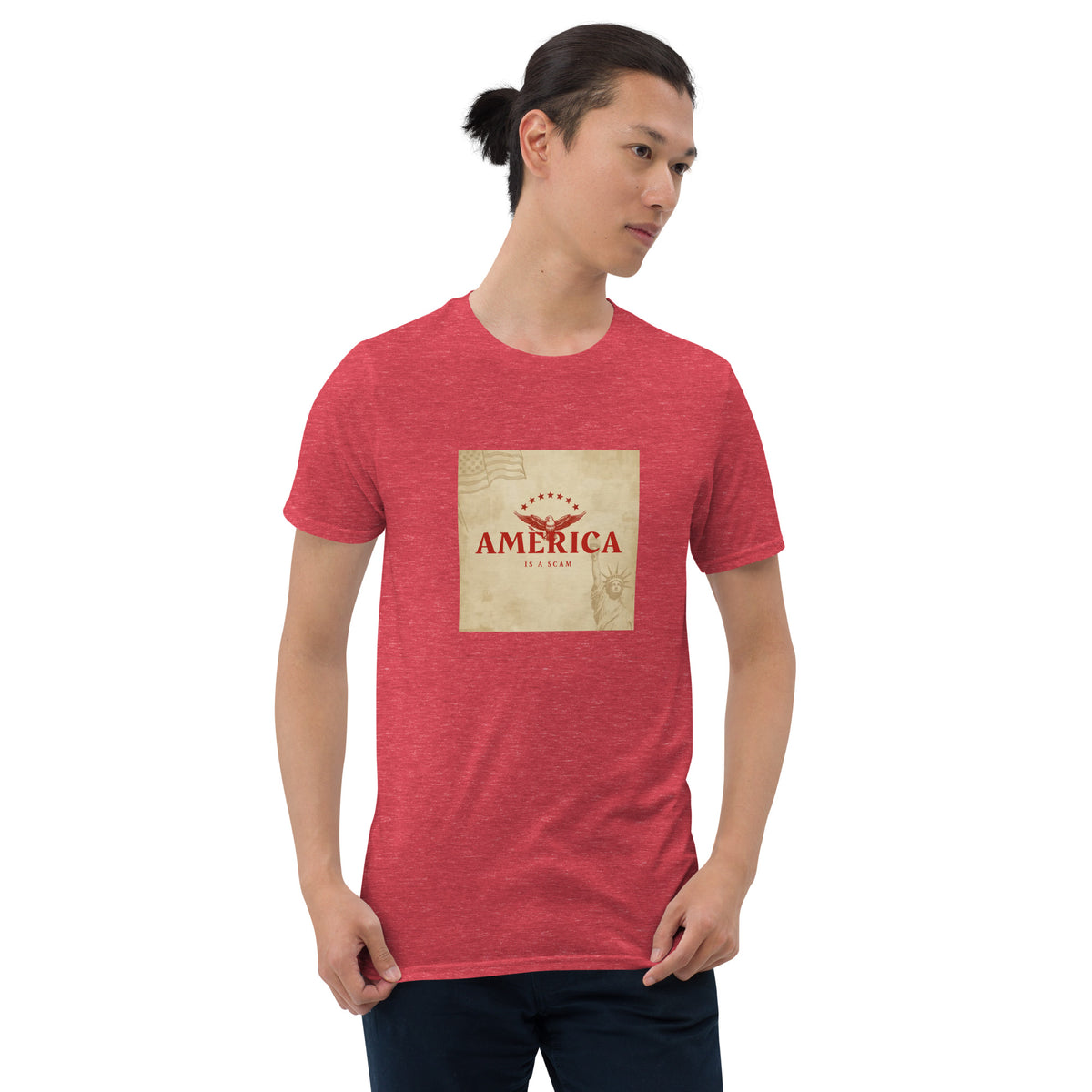 Unisex red graphic tee with square America print on the chest