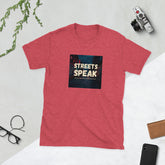 Red heather graphic crewneck T-shirt with square “STREETS SPEAK” logo