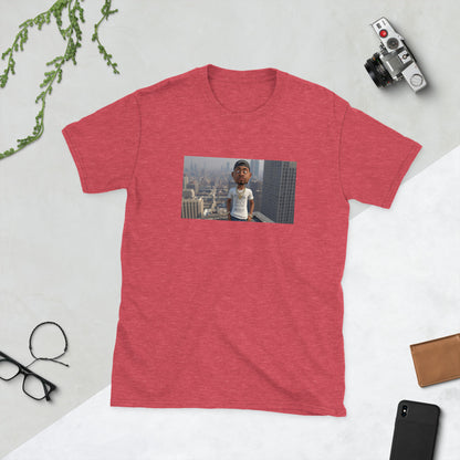 Red graphic T-shirt with front photo print, crew neck short sleeves