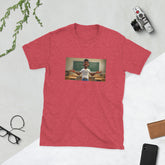 Red graphic T-shirt with centered photo print on the front
