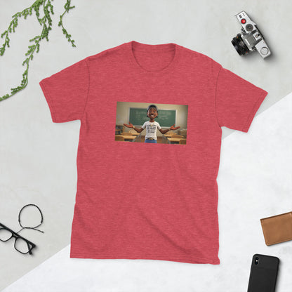 Red graphic T-shirt with centered photo print on the front