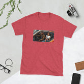MIS Apparel graphic tee in red heather with rectangular front photo print, crew neck