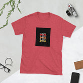 Red crewneck graphic tee with black square front print