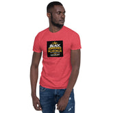 Red unisex short-sleeve T-shirt with black-and-yellow chest graphic print, front view