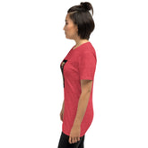 Red unisex heather T-shirt side view with partial front graphic, short sleeves