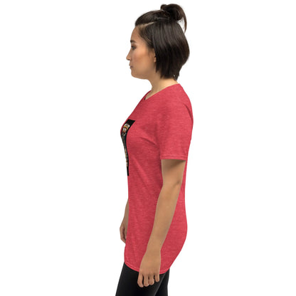 Red unisex T-shirt side view with front graphic print visible