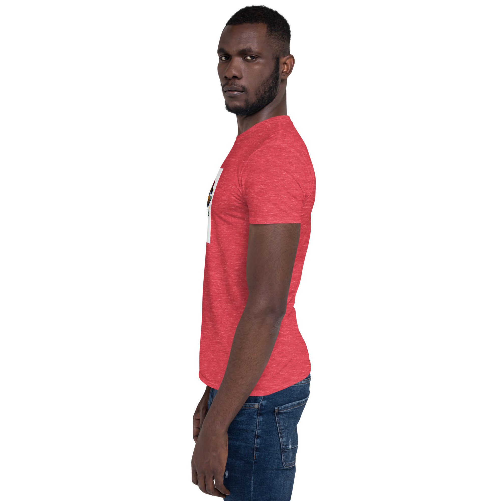 Red unisex short-sleeve T-shirt, side view showing sleeve and front graphic edge