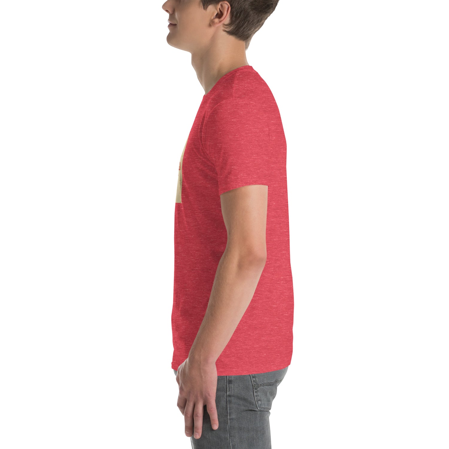 America Is A Scam unisex T-shirt, red heather, short sleeves, front graphic square