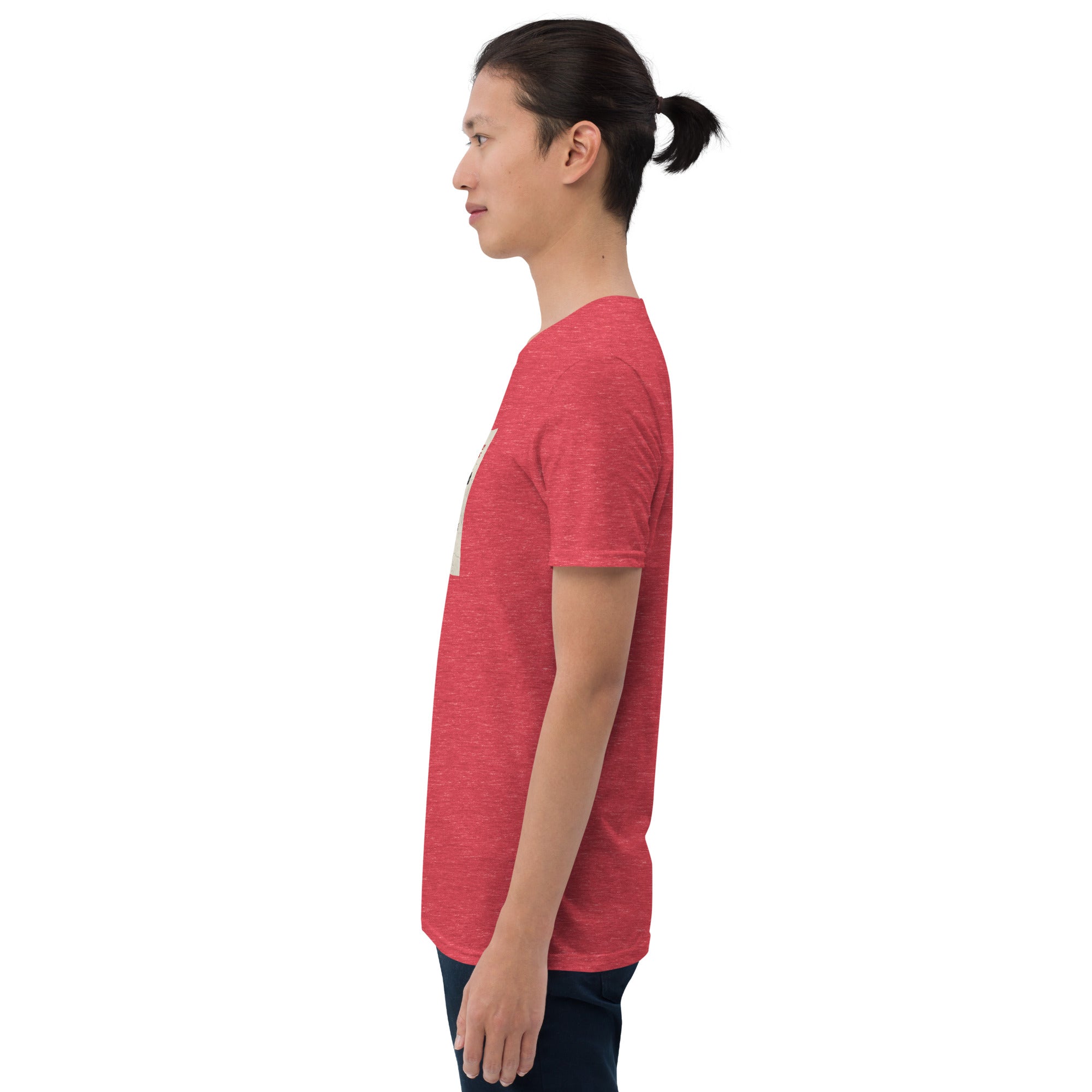 Red heather T-shirt side profile with sleeve and front text panel visible