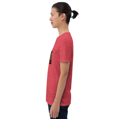 Unisex short-sleeve T-shirt, heather red, side view; photo graphic on chest
