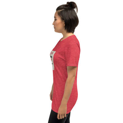 Unisex red crew-neck T-shirt with small sleeve graphic and straight hem