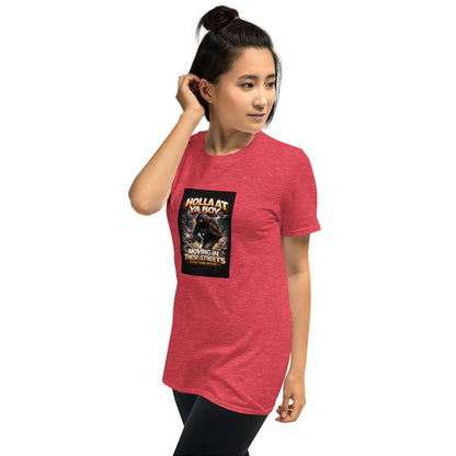 Red unisex T-shirt with front graphic print, short sleeves, crew neck