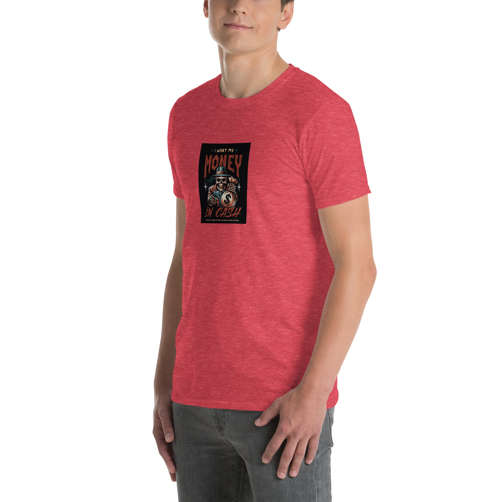 Red heather unisex short-sleeve T-shirt, front view with square money graphic