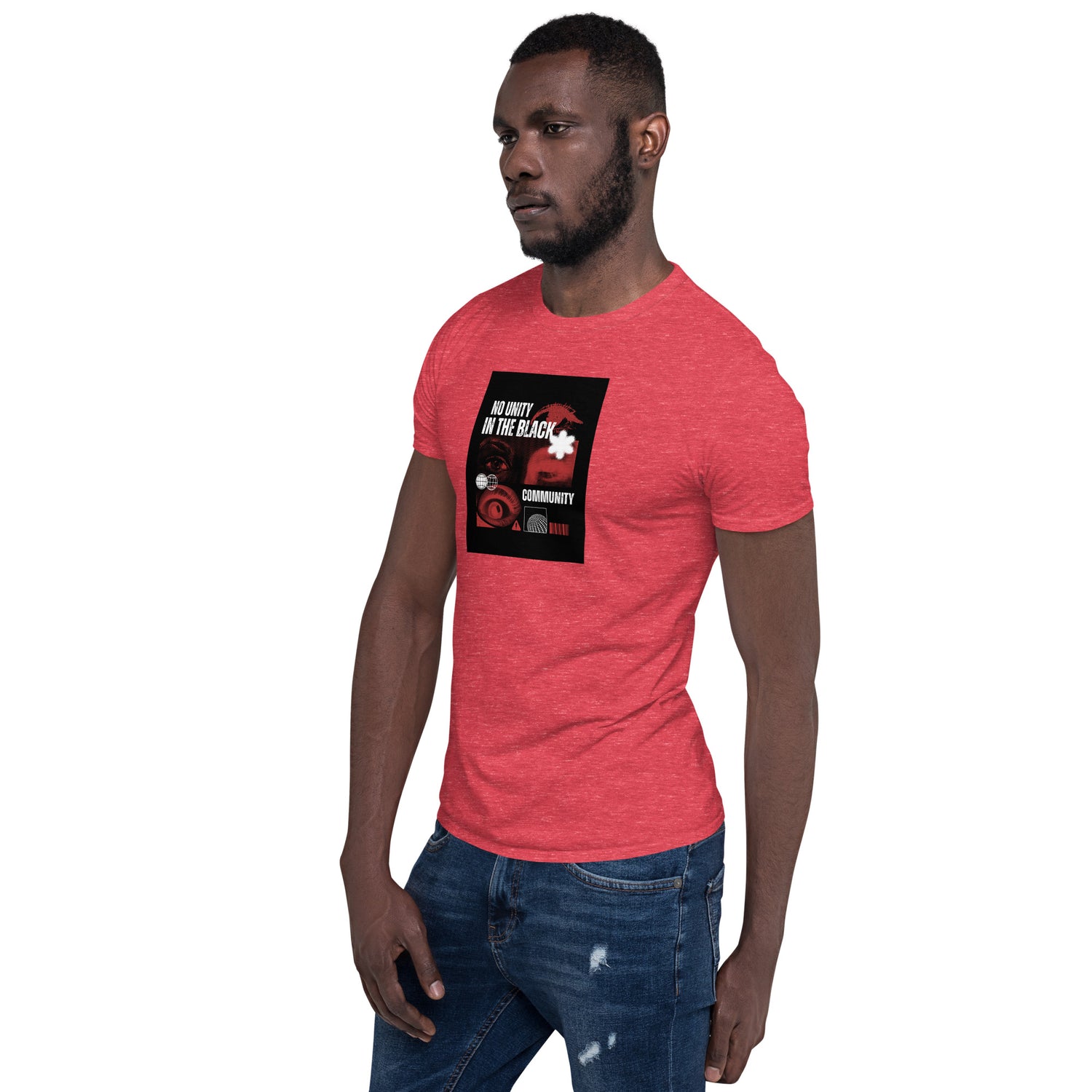 Unisex T-Shirt, red heather knit with black front graphic print and crew neck
