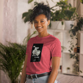 Red unisex short-sleeve t-shirt with black money graphic on the front
