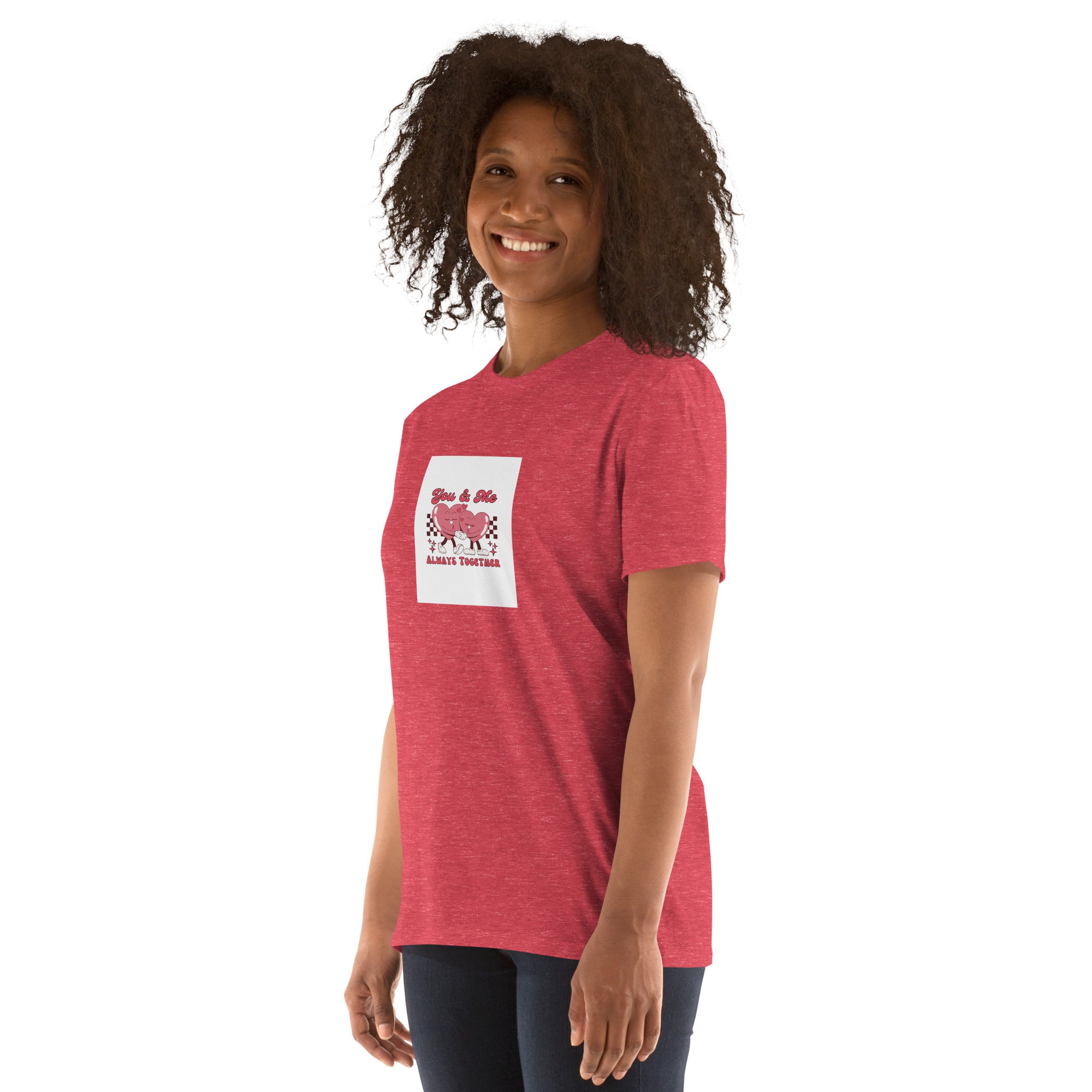 Unisex short-sleeve T-shirt red heather with square heart graphic on front