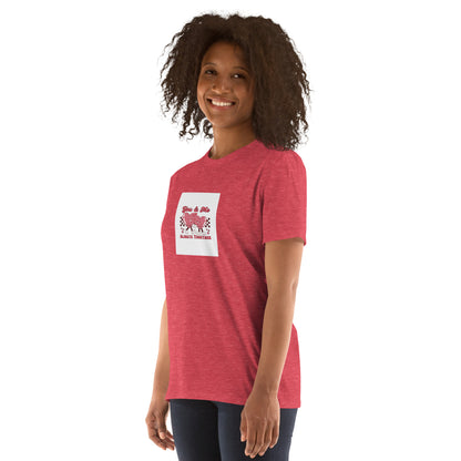 Unisex short-sleeve T-shirt red heather with square heart graphic on front