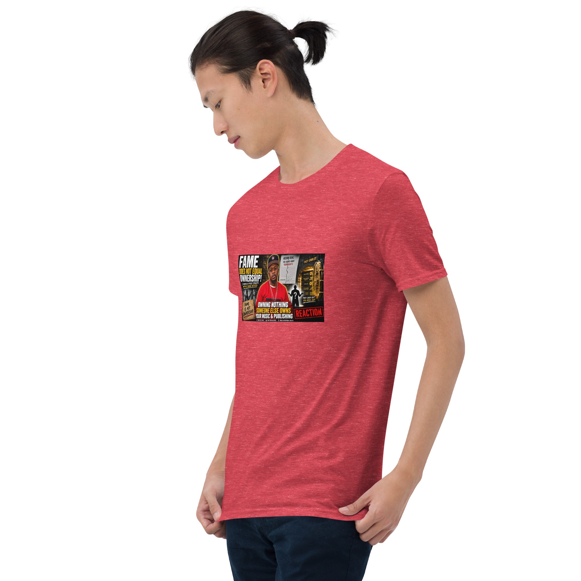Unisex short-sleeve T-shirt, heather red with photo graphic printed on front