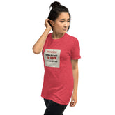 Red unisex T-shirt with front square text graphic and short sleeves.