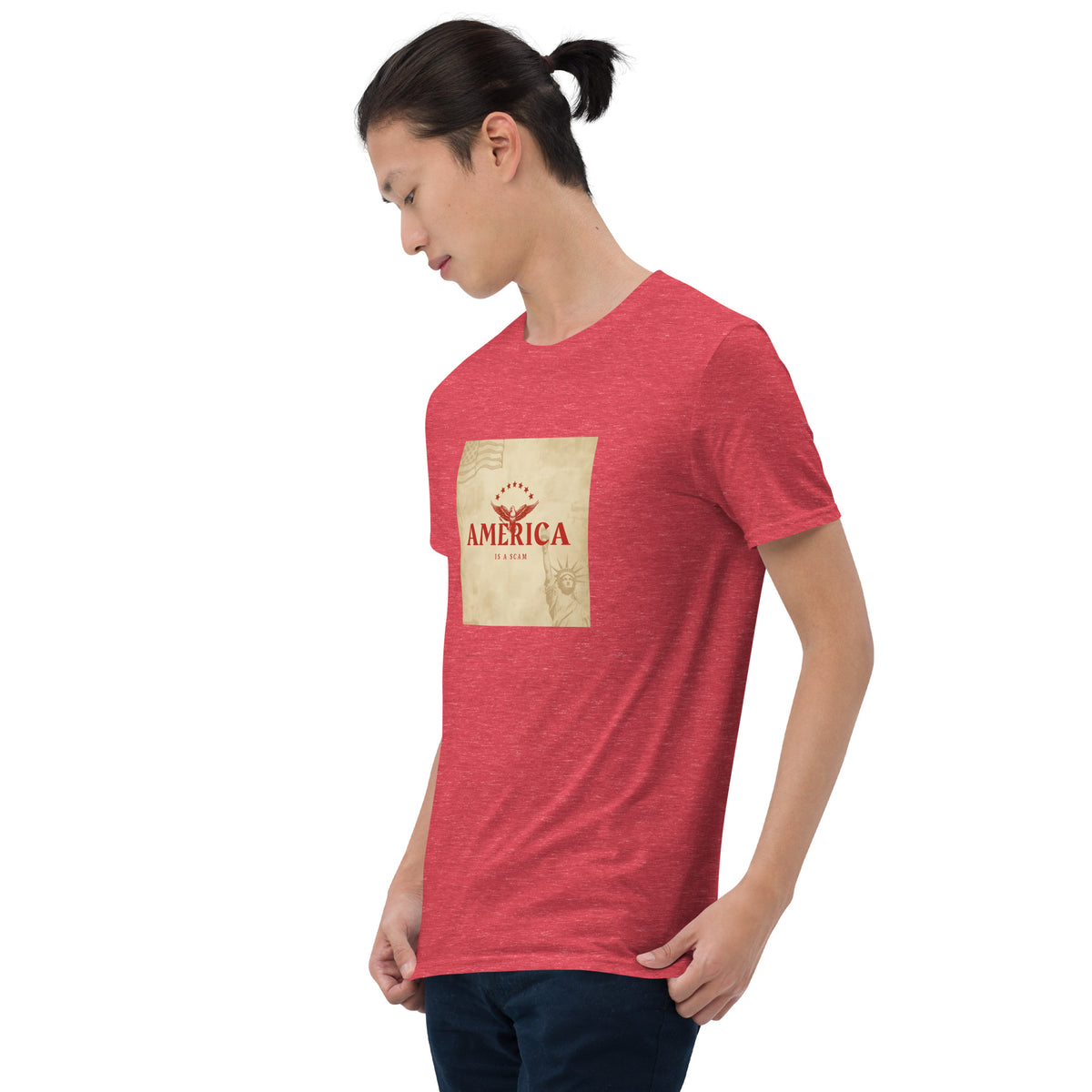 Unisex red graphic tee with square America print on the front
