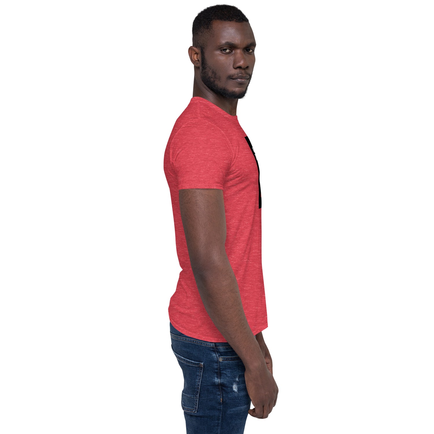 Unisex T-Shirt, red heather back/side view showing short sleeve length