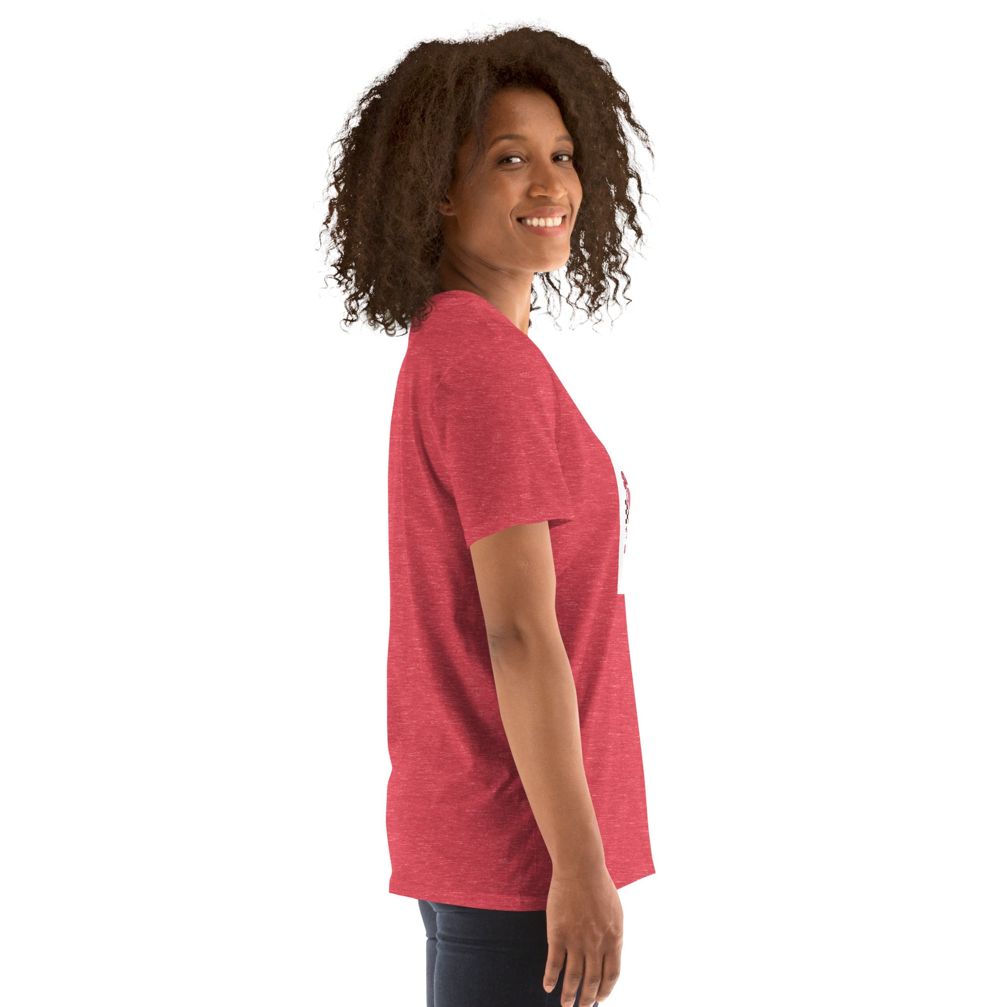 Unisex short-sleeve T-shirt red with side view; chest heart graphic visible