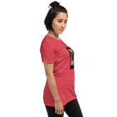 Unisex T-shirt in heather red with crew neck and short sleeves, side view with graphic
