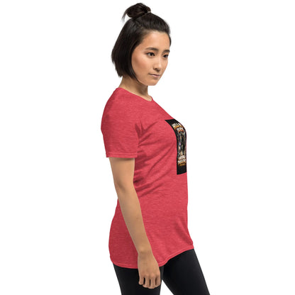 Unisex T-shirt in heather red, side view, crew neck, chest square graphic print