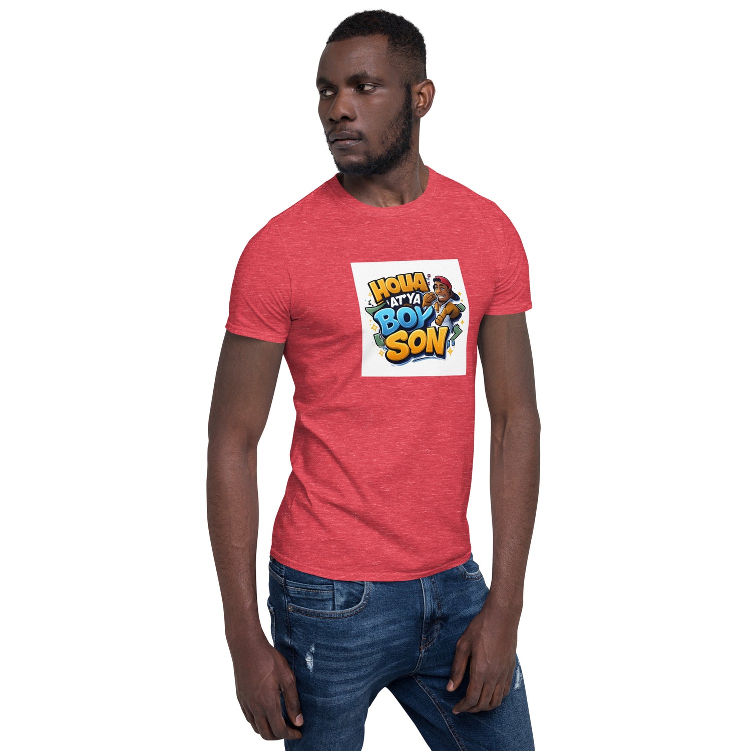 Unisex T-Shirt l Heather Red, kurzärmelig; Frontdruck mittig, klare Bildbox