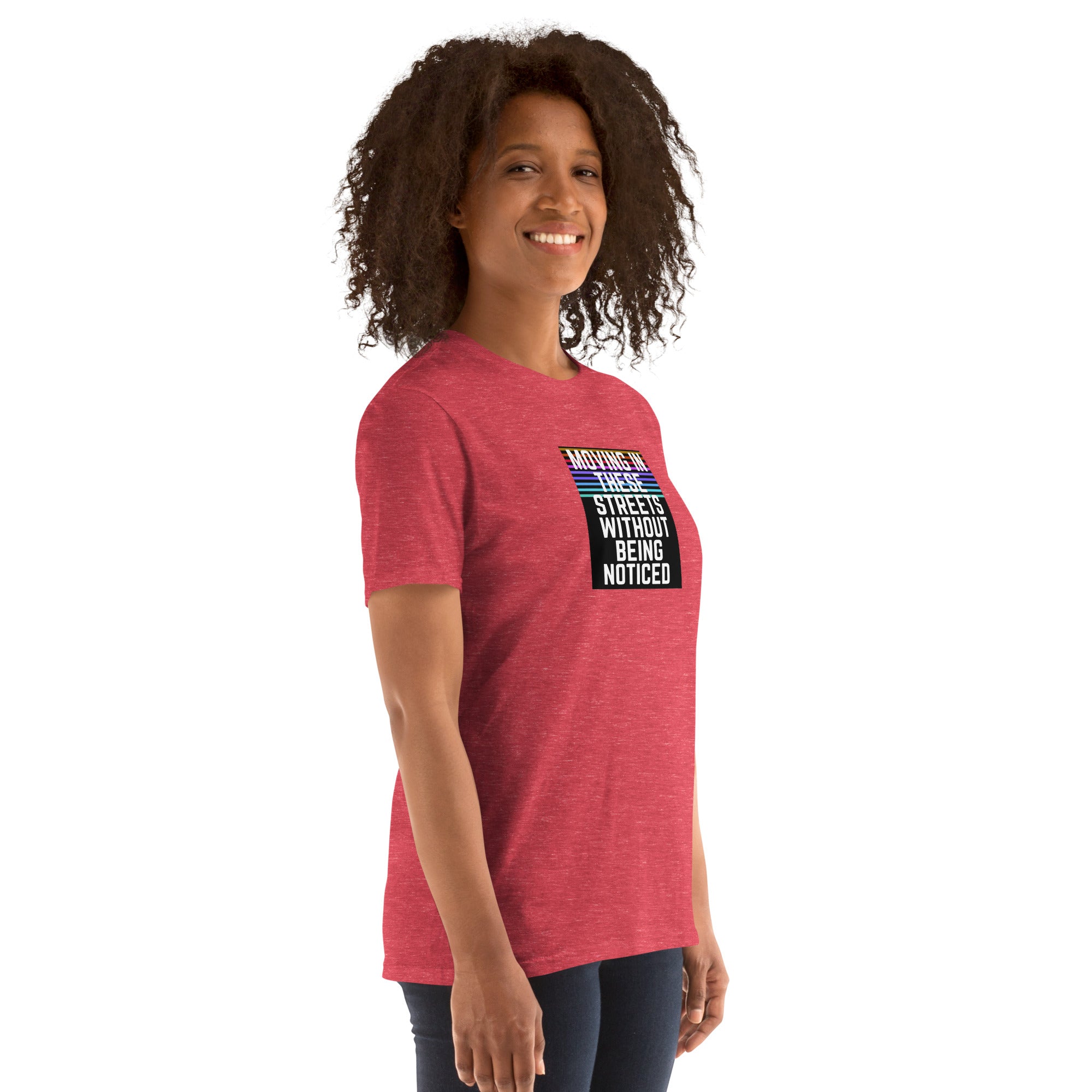 Red unisex short-sleeve T-shirt, front-left view with black square text graphic