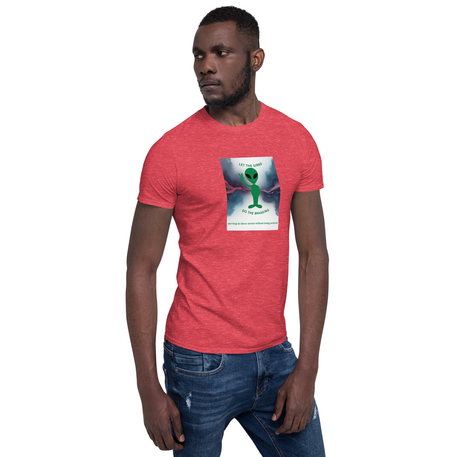 Heather red T-shirt with chest graphic, short sleeves, crew neck