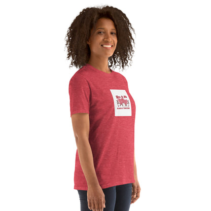 Unisex short-sleeve T-shirt red with front square print showing two hearts