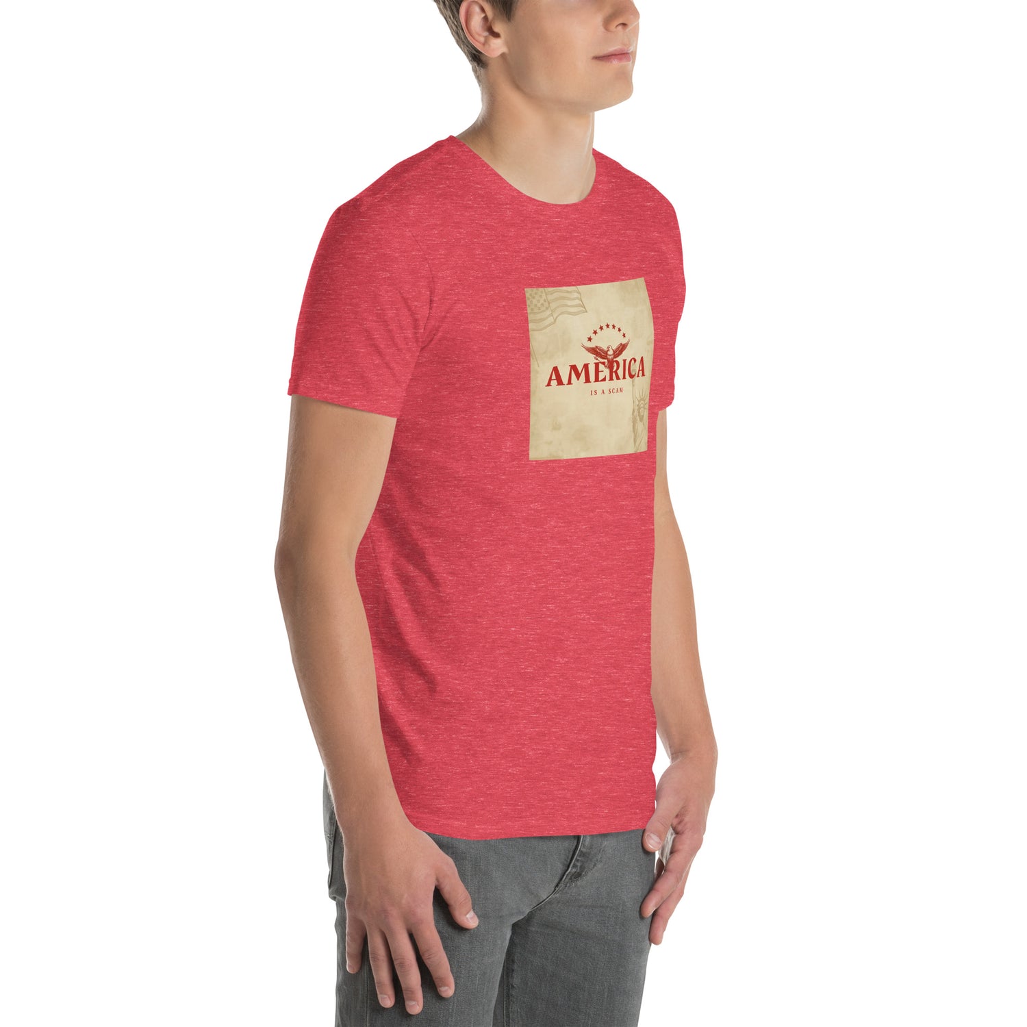 America Is A Scam T-shirt, red heather, front graphic patch with text