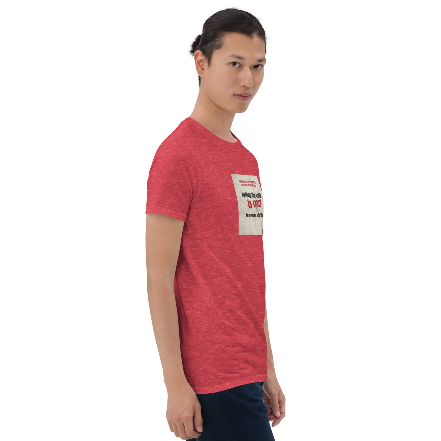 Red heather T-shirt front 3/4 view with chest graphic: “telling the truth is crazy”