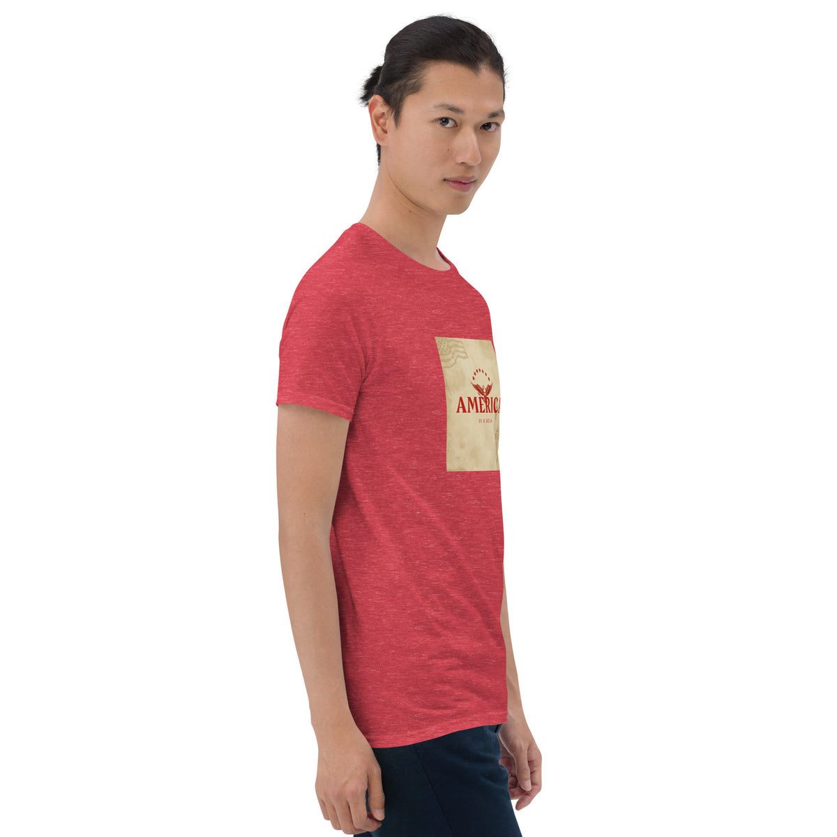 Unisex red graphic tee, angled front view with square America chest print