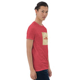 Unisex red graphic tee, angled front view with square America chest print