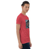 Red crew-neck graphic tee with rectangular jail-bar style print, front 3/4 view
