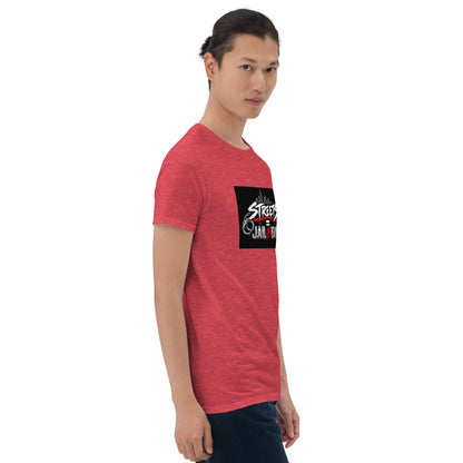Red unisex graphic T-shirt with black square chest graphic and crew neck.