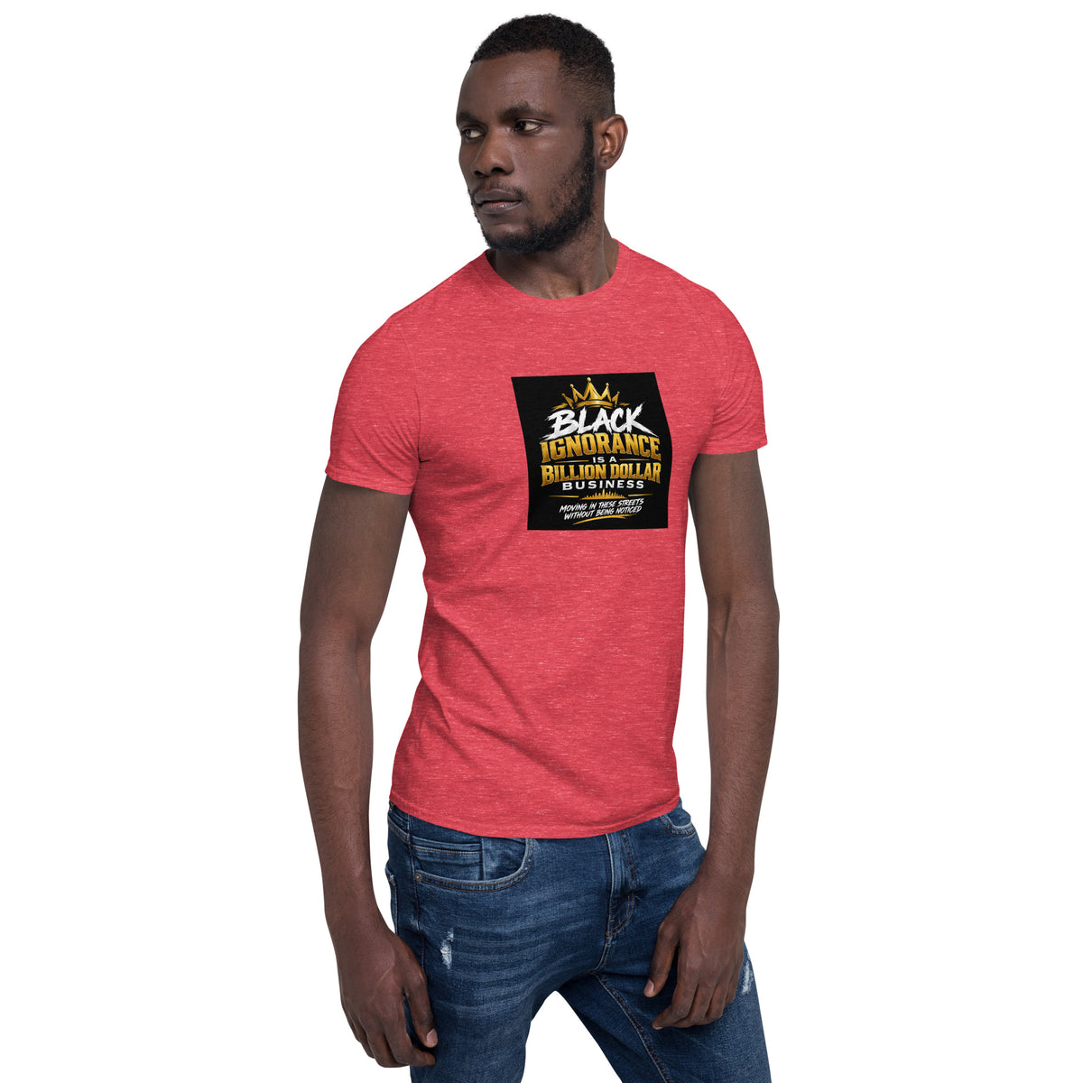 Red unisex short-sleeve T-shirt with square chest graphic print, centered front