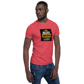 Red unisex short-sleeve T-shirt with square chest graphic print, centered front