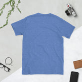 Unisex short-sleeve T-shirt, blue heather, back view.