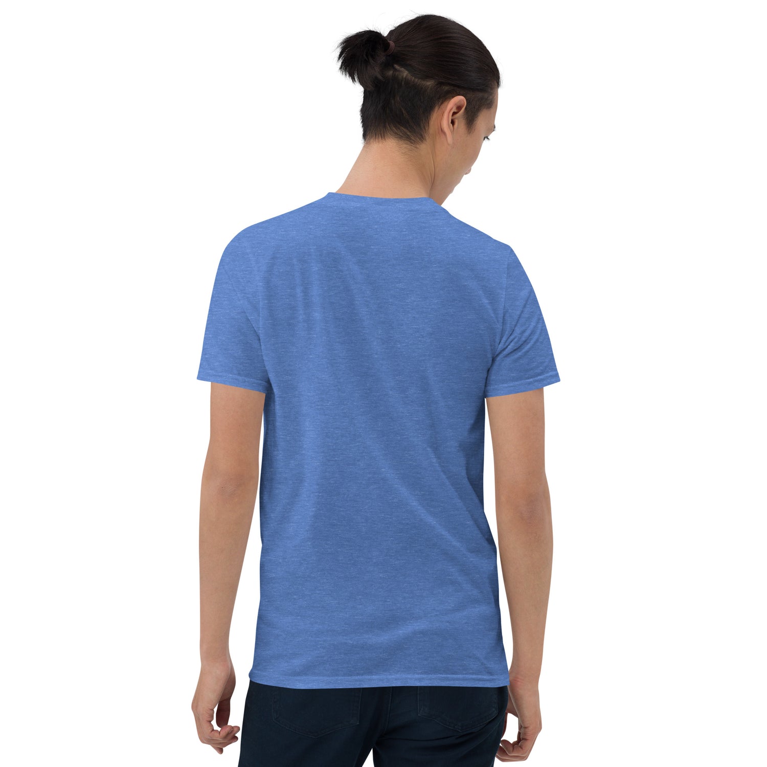 Unisex short-sleeve T-shirt, blue, back view with crew neck