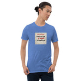 Blue heather graphic T-shirt with square logo text on chest, crew neck