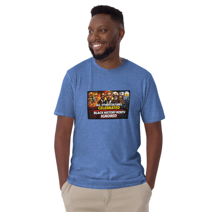 Unisex short-sleeve T-shirt in heather light blue, front graphic print