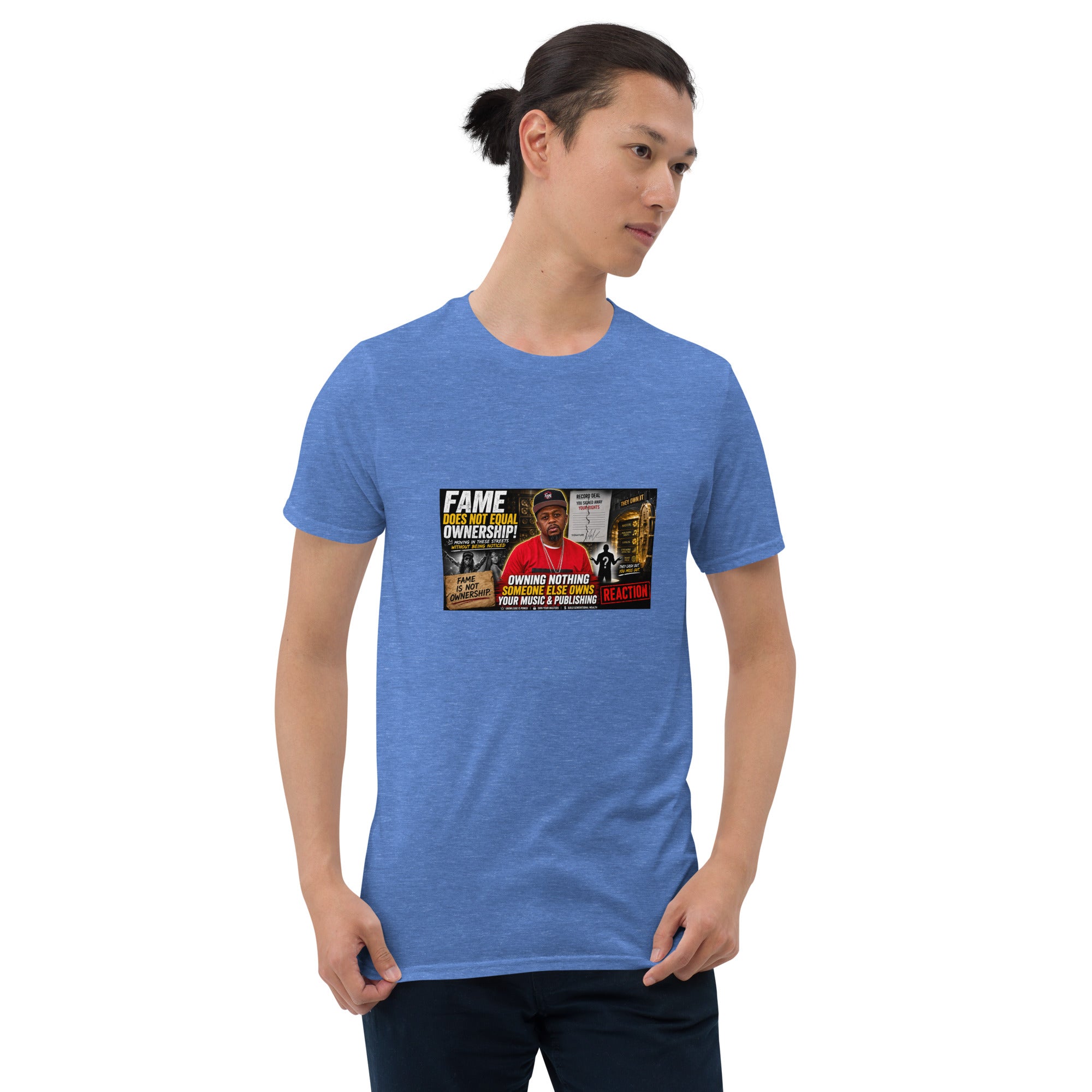 Unisex short-sleeve T-shirt, blue with photo graphic printed on chest